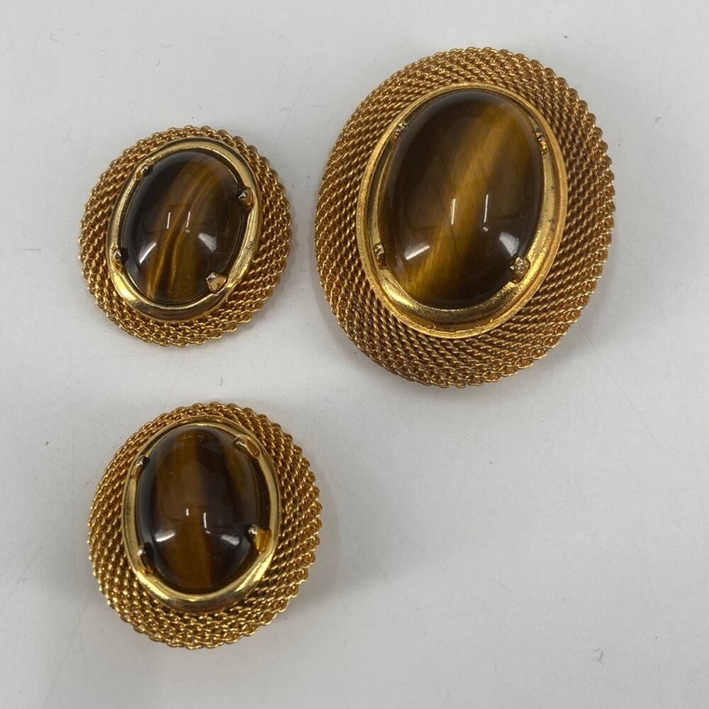 Tigers eye gold tone pin and clip on earrings set